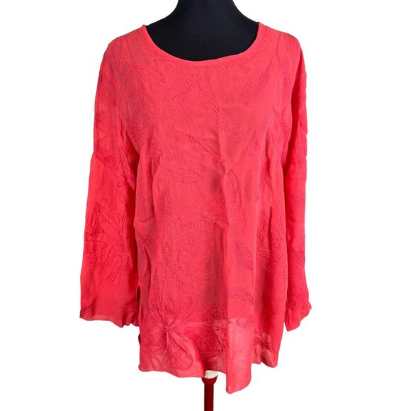 Chicos Womens 2 US 12 Coral Flowy Embroidered Sheer Long Sleeve Lightweight Top - Picture 1 of 11